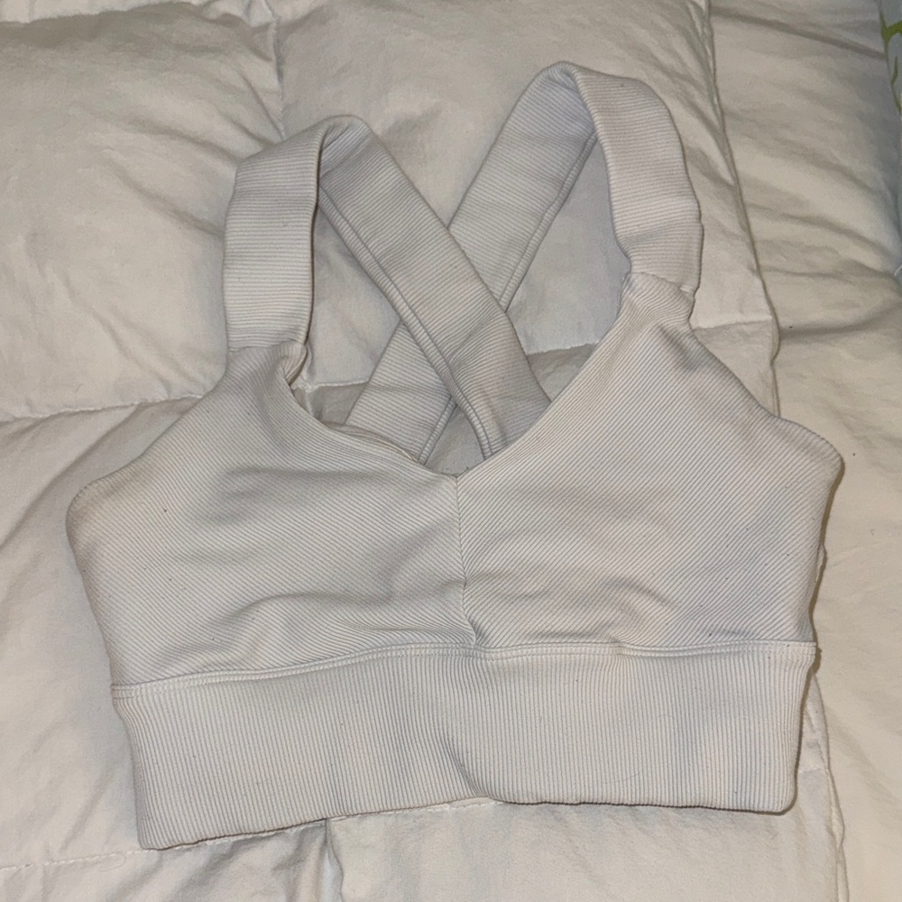 Alo White Ribbed Cross-Back Sports Bra
